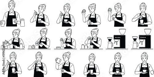 Barista Coffee Preparation Icon Set Featuring Brewing Techniques Espresso Making and Serving Cups for Coffee Shop and Café Service Vector Illustration Collection