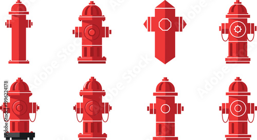 Fire Hydrant Flat Icon Set with Red Emergency Water Supply Equipment for Urban Safety, Firefighting, and Infrastructure Vector Illustration Design