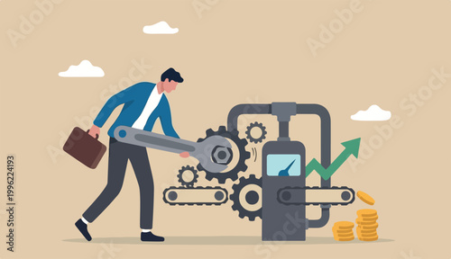 Optimization to improve result, adjust marketing factor gain more profit, efficiency growth, fix process best result concept, businessman using wrench optimize process better performance