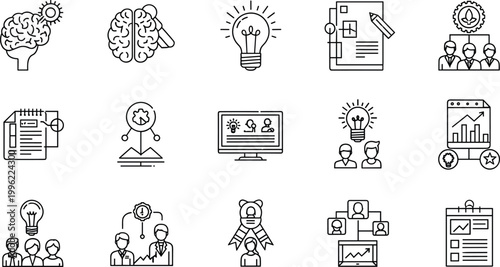 Business, Innovation, and Teamwork Vector Icons Featuring Ideas, Creativity, and Performance Metrics for Corporate and Educational Projects
