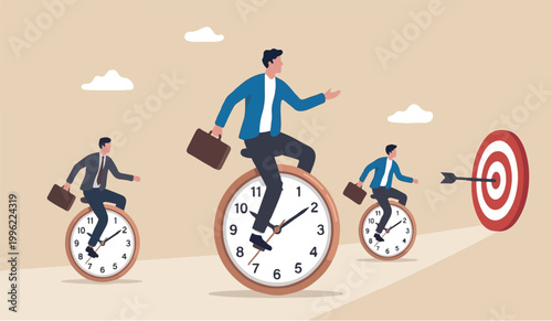 Time management work schedule and deadline or productivity and efficiency work concept, businessmen riding rolling clock face with confidence skillful man in the middle success manage to reach target