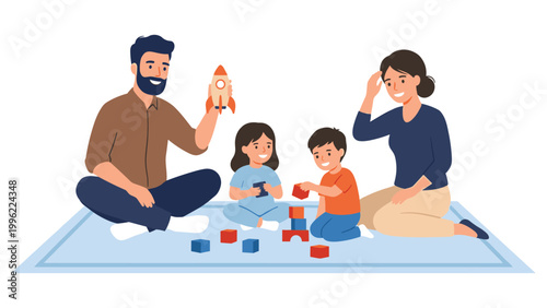 Happy family with two children sitting on floor and playing with construction blocks.