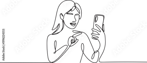 Single one line drawing young woman record live video on modern smartphone gadget. Vlogging concept.one line vector illustration on white background