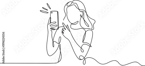 Single one line drawing young woman record live video on modern smartphone gadget. Vlogging concept.one line vector illustration on white background
