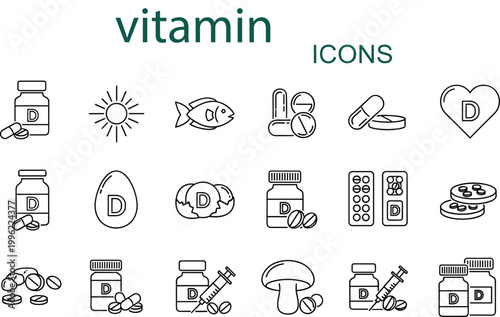 Vitamin D icons set, supplements, capsules, tablets, sunlight source, fish, egg, mushroom, syringe, nutrition healthcare, medical illustration