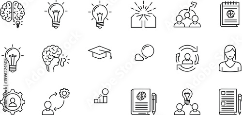 Creative Innovation, Teamwork, and Growth Vector Icons Featuring Brainstorming, Learning, Leadership, and Professional Development