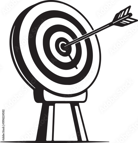 Bullseye Target, Archery Goal, Hit Arrow, Precision Marksmanship, Black and White Vector