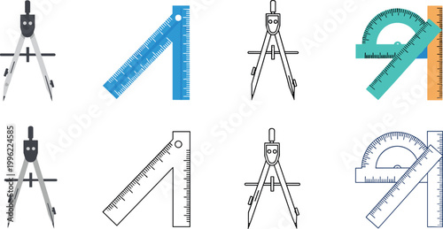 Geometry Tools and Measuring Instruments Set with Compass, Ruler, Set Square, and Protractor for Education, Engineering, and Technical Vector Illustration Design