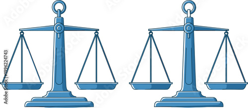 Minimalist Vector Illustration of Two Identical Blue Scales of Justice Representing Law Balance and Legal FairnessMinimalist Vector Illustration of Two Identical Blue Scales of Justice Representing La