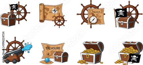 Pirate Treasure Chest and Nautical Elements Set with Map, Ship Wheel, Cannon, Gold Coins for Adventure Game, Kids Design, and Vector Illustration