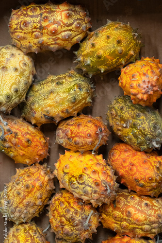 kiwano African fruits (jelly melon) on the market
