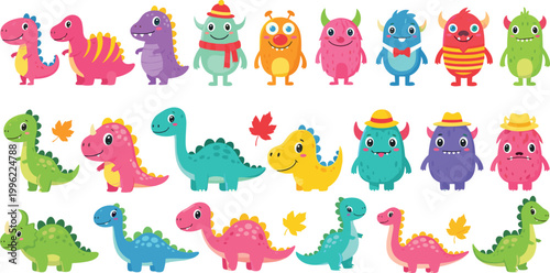Cute Cartoon Monsters and Dinosaurs Collection with Colorful Fantasy Creatures, Funny Characters, and Kids Illustration for Playful Design and Nursery Art