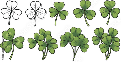 Four-Leaf Clover and Shamrock Illustrations in Detailed Line Art and Colorful Designs