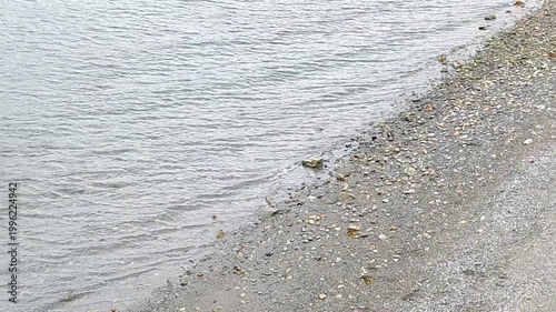 Haines - Alaska - USA - April 21, 2024 - Coastal shoreline of Haines Alaska. The image focuses on the delicate balance where the tranquil waters meet the textured beach, showcasing the unique landscap