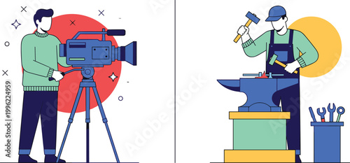 Filmmaker and Blacksmith Vector Illustration Set Featuring Camera Operator and Craftsman Working with Tools and Anvil for Media and Craftsmanship Professions