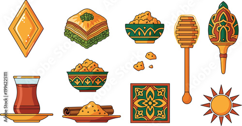 Middle Eastern Dessert and Tea Vector Icon Set Featuring Baklava, Turkish Tea, Honey Dipper, Cinnamon Spices, and Ornate Geometric Patterns for Culinary Designs