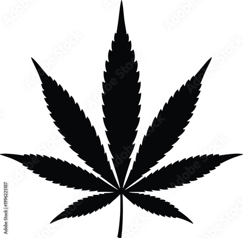 Cannabis leaf silhouette illustration, minimal line art design, marijuana plant symbol representing culture, medicine, legalization, nature, relaxation, alternative lifestyle concept