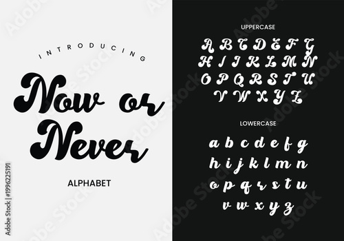 Calligraphy script font set titled now or never with full uppercase and lowercase letters.