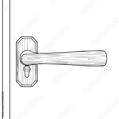Detailed sketch of a door handle and plate on a wooden door.