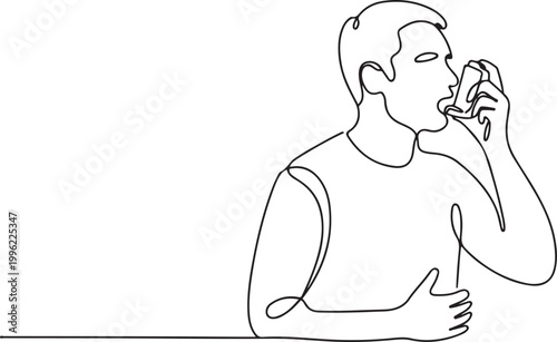The man has asthma. Inhaler to relieve symptoms of choking.one line vector illustration on white background