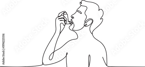 The man has asthma. Inhaler to relieve symptoms of choking.one line vector illustration on white background