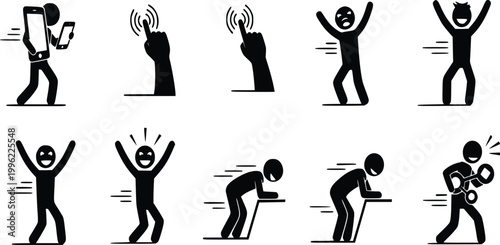Stick figures collection depicting people interacting with technology, expressing various emotions, demonstrating movement, effort, and daily life activities as vector icons.