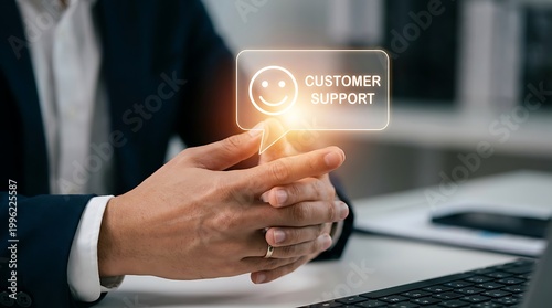 Professional business person presenting customer support smiley face digital interface for service excellence.