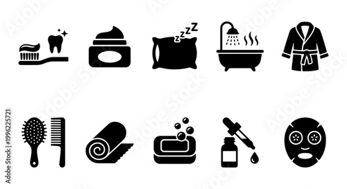 Evening routine icons set, 10 black solid vector symbols for self care and hygiene, bathroom and bedtime ritual elements for wellness apps