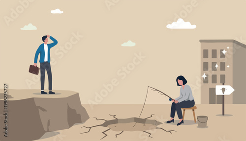 Fail to see opportunity, uninspired employee stuck creativity, motivation, corporate success or challenge, bored woman blindly sit fishing wrong place at while ignore success opportunity