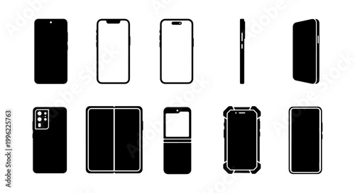 Minimalist smartphone vector icons set, modern mobile phone silhouettes and device mockups, black and white cellphone wireframe collection for UI design