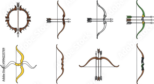 Archery Bow and Arrow Set with Traditional, Fantasy, and Hunting Equipment for Game Assets, Sports Design, and Medieval Weapon Illustration