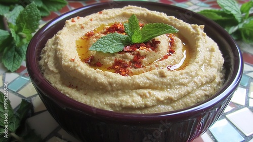Spicy hummus with chili flakes and fresh mint, drizzled with olive oil, served in a purple bowl.