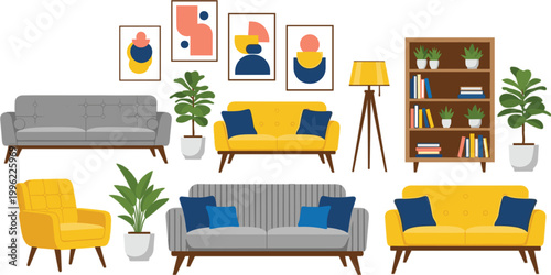 Living room furniture set with sofas, armchairs, tables, shelves and plants in modern cozy interior flat cartoon vector illustration style