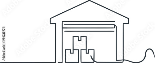 Continuous line art drawing of a warehouse building with cardboard boxes representing logistics storage supply chain and distribution services.