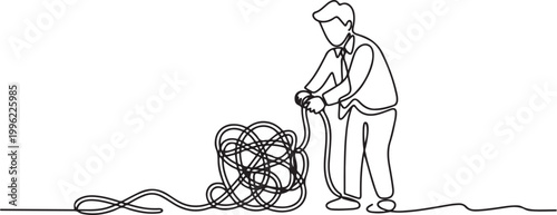 Cartoon of businessman try to unraveling tangled rope concept of solution and problem solving.one line vector illustration on white background