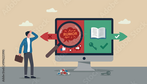 Fake news or false information spreading website social is media, screening verify truth to before sharing believe concept, man magnifying glass verify fake news website computer