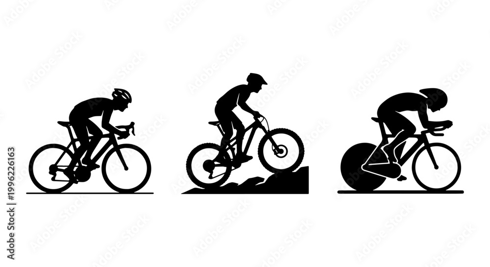 Obraz premium Cycling silhouette vector set, road bike racer and mountain biker icons, professional triathlon athlete and cyclist silhouettes for sports design