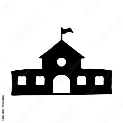 Hand-drawn school building silhouette vector, black ink doodle of educational facility with flag, minimalist schoolhouse icon for back to school