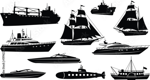 Silhouette Set of Various Ships and Boats Including Yacht, Sailboat, Submarine, Cargo Ship, and Fishing Vessel