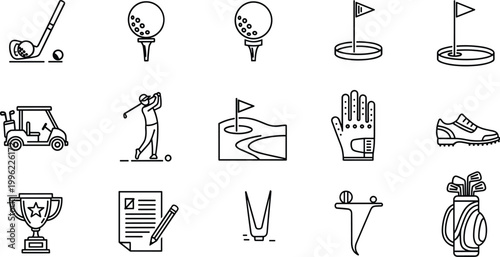 Golf Sports Icon Set Featuring Clubs, Balls, Tees, Golf Cart, and Accessories in Line Art Style