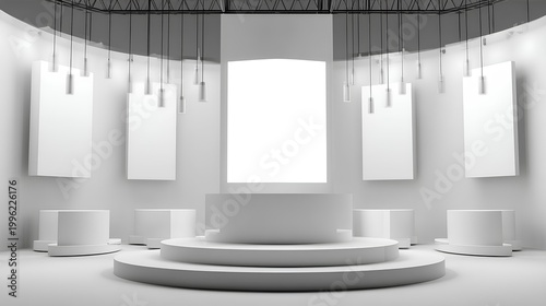 Minimalist Stage Design: A pristine, modern stage set with clean lines, geometric shapes, and a minimalist aesthetic. Designed for presentation or showcase. 