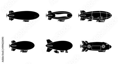Vintage blimp silhouette collection, 6 airship vector icons, retro dirigible and zeppelin transport symbols, black aviation flying machines