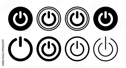 Minimalist power button icon set, black and white electronic switch symbols, collection of 8 vector start and shutdown buttons for UI design