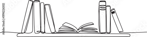 Continuous line drawing of books on a shelf with one book open in a minimalist style.one line vector illustration on white background