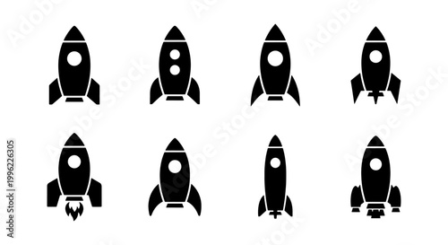 Minimalist rocket ship icons set, black spaceship silhouettes for startup launch, 8 flat vector rocket symbols for business growth and space exploration