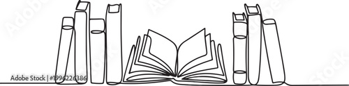 Continuous line drawing of books on a shelf with one book open in a minimalist style.one line vector illustration on white background