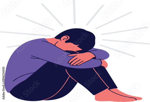 Sad person sitting alone feeling depressed, anxiety and loneliness concept in modern flat cartoon vector illustration style