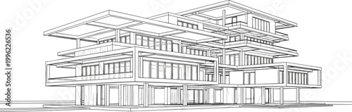 Minimalist Line Art Illustration of Modern Multi-Level Building with Sleek Design for Architecture and Urban Planning Projects
