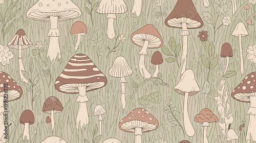 Seamless pattern of various mushrooms and toadstools on a grassy background with mushroom toadstool seamless woodland illustration botanical seasonal background decoration wallpaper mycology