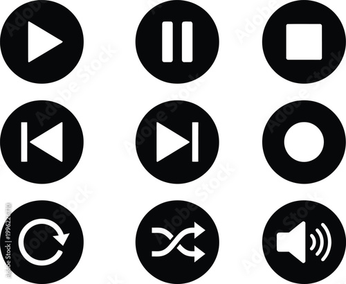 Media Player Icon Set with Play Pause Stop Record Fast Forward Rewind and Shuffle Flat Circle Style